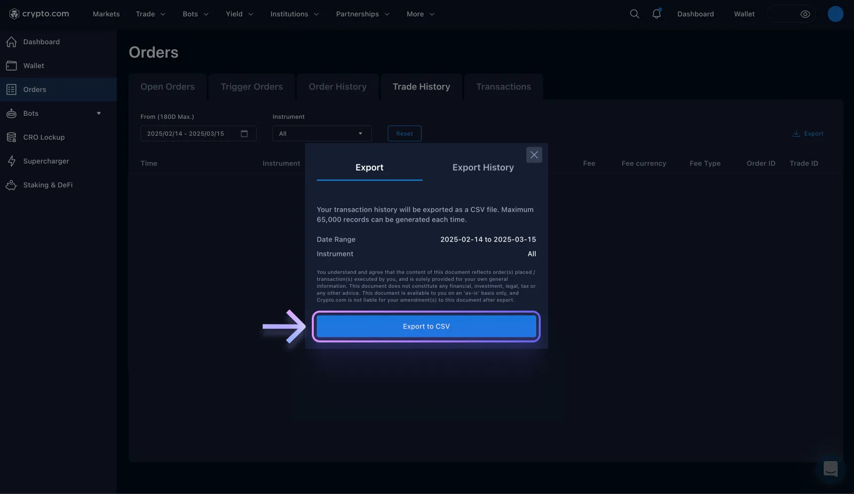 Instrukcja pobrania pliku CSV z Crypto.com