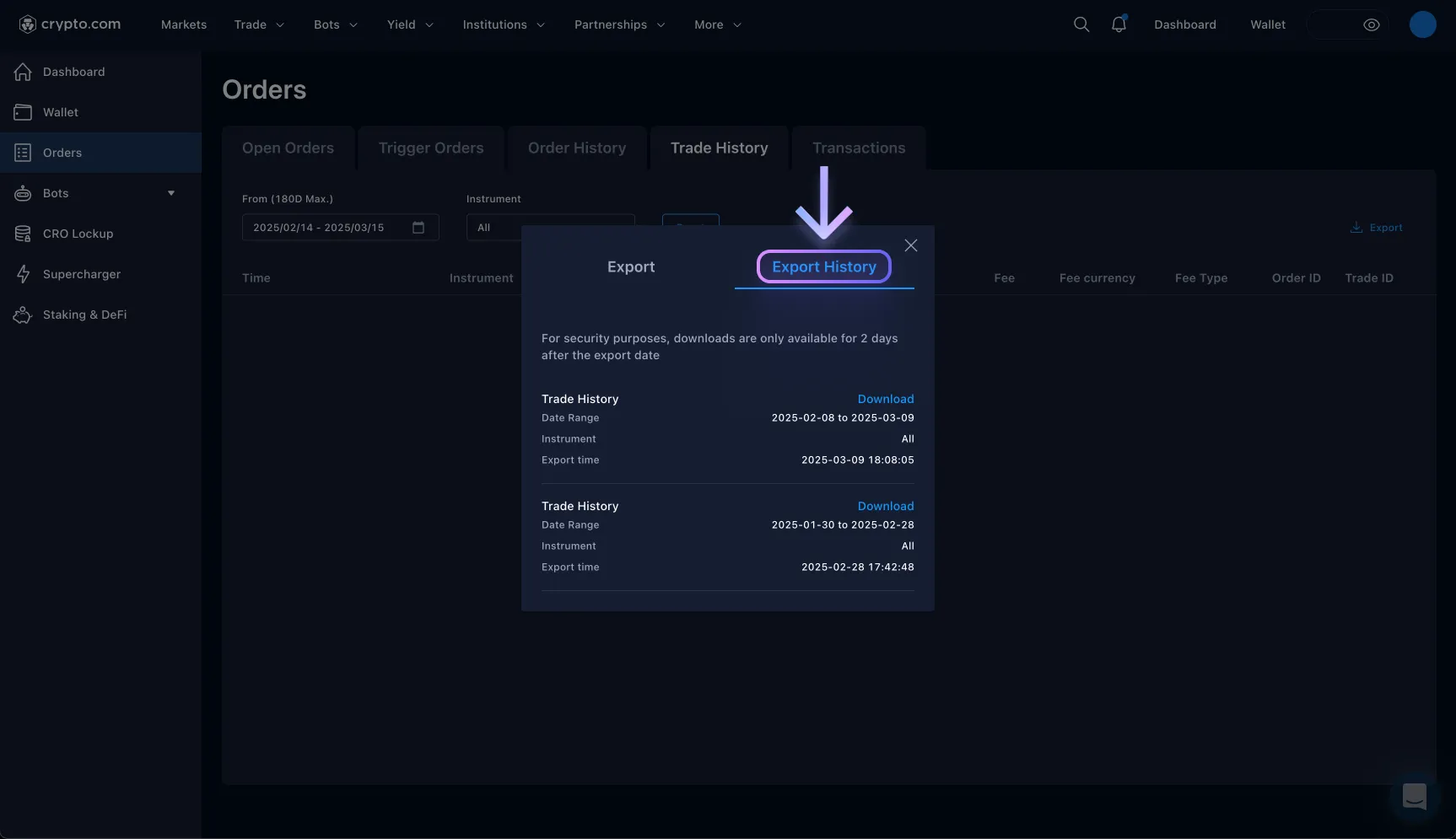 Instrukcja pobrania pliku CSV z Crypto.com