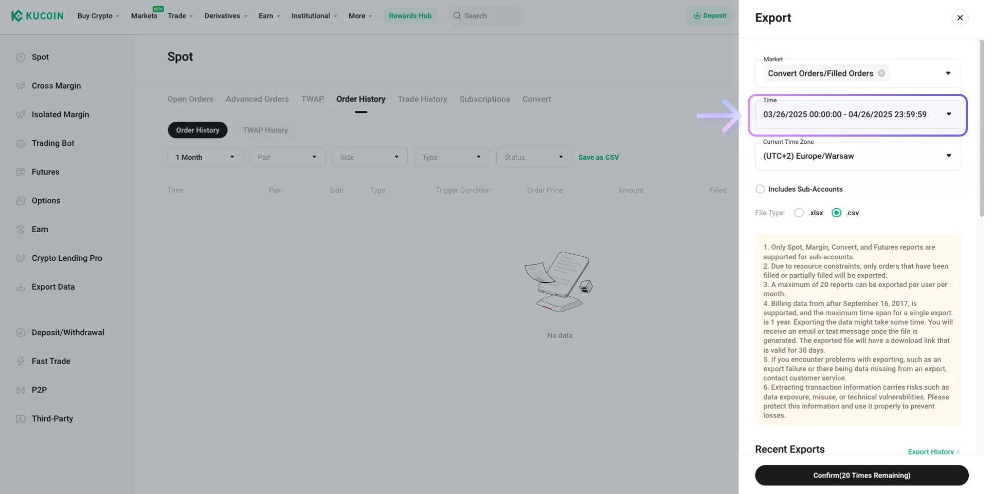 Instrukcja pobrania pliku CSV z Kucoin
