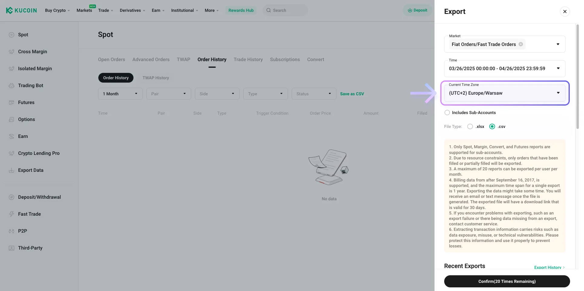 Instrukcja pobrania pliku CSV z Kucoin