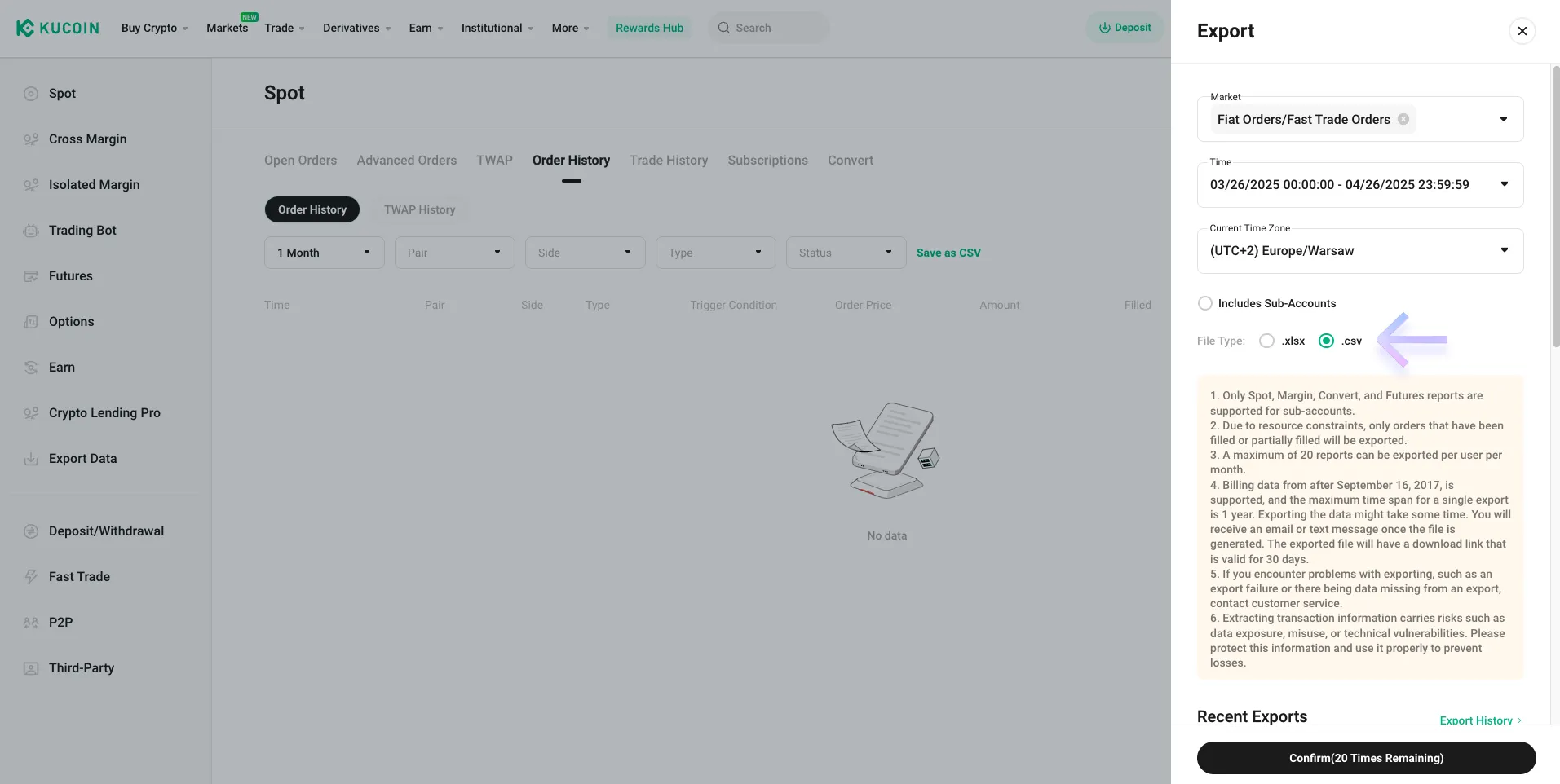 Instrukcja pobrania pliku CSV z Kucoin