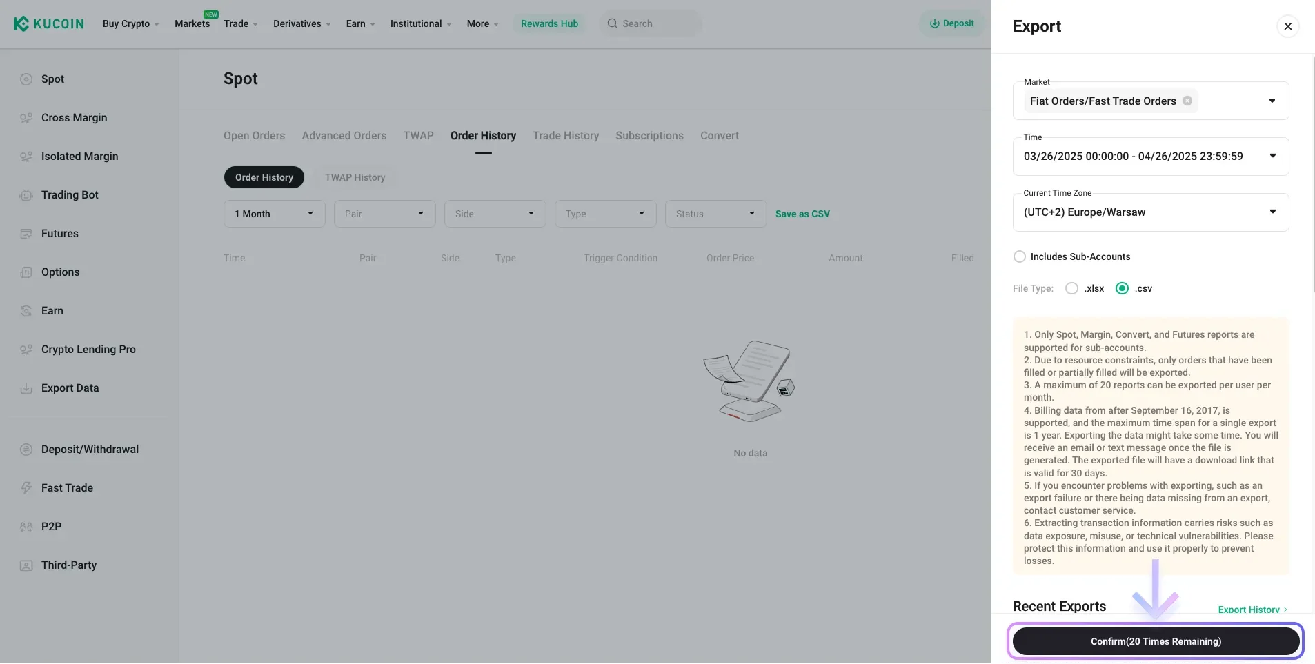 Instrukcja pobrania pliku CSV z Kucoin