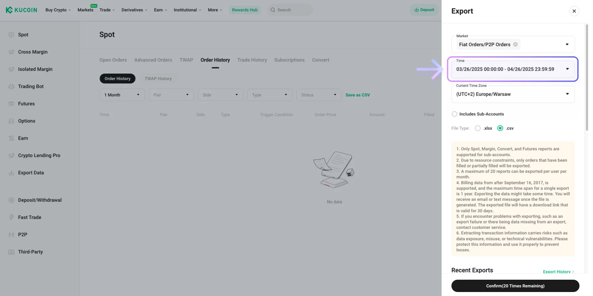 Instrukcja pobrania pliku CSV z Kucoin