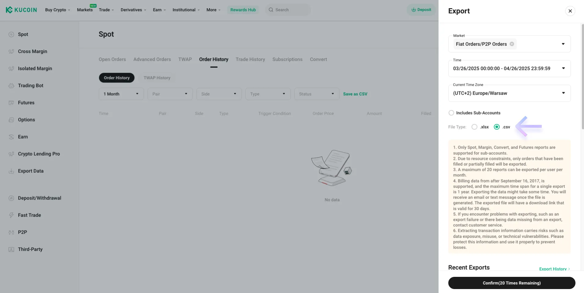 Instrukcja pobrania pliku CSV z Kucoin