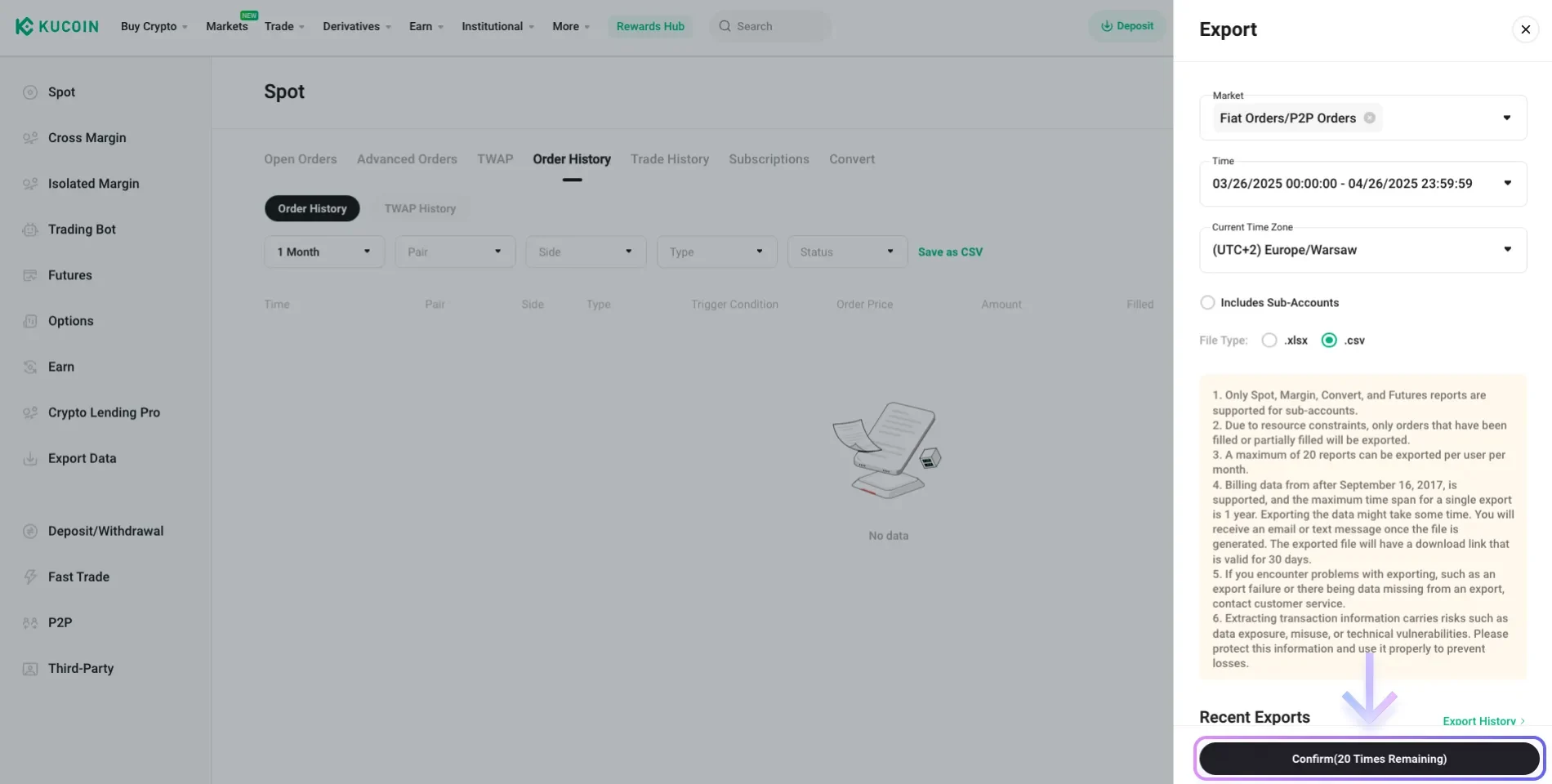 Instrukcja pobrania pliku CSV z Kucoin
