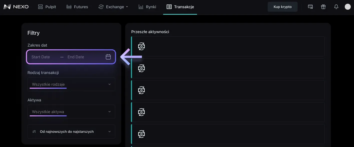 Instrukcja pobrania pliku CSV z Nexo