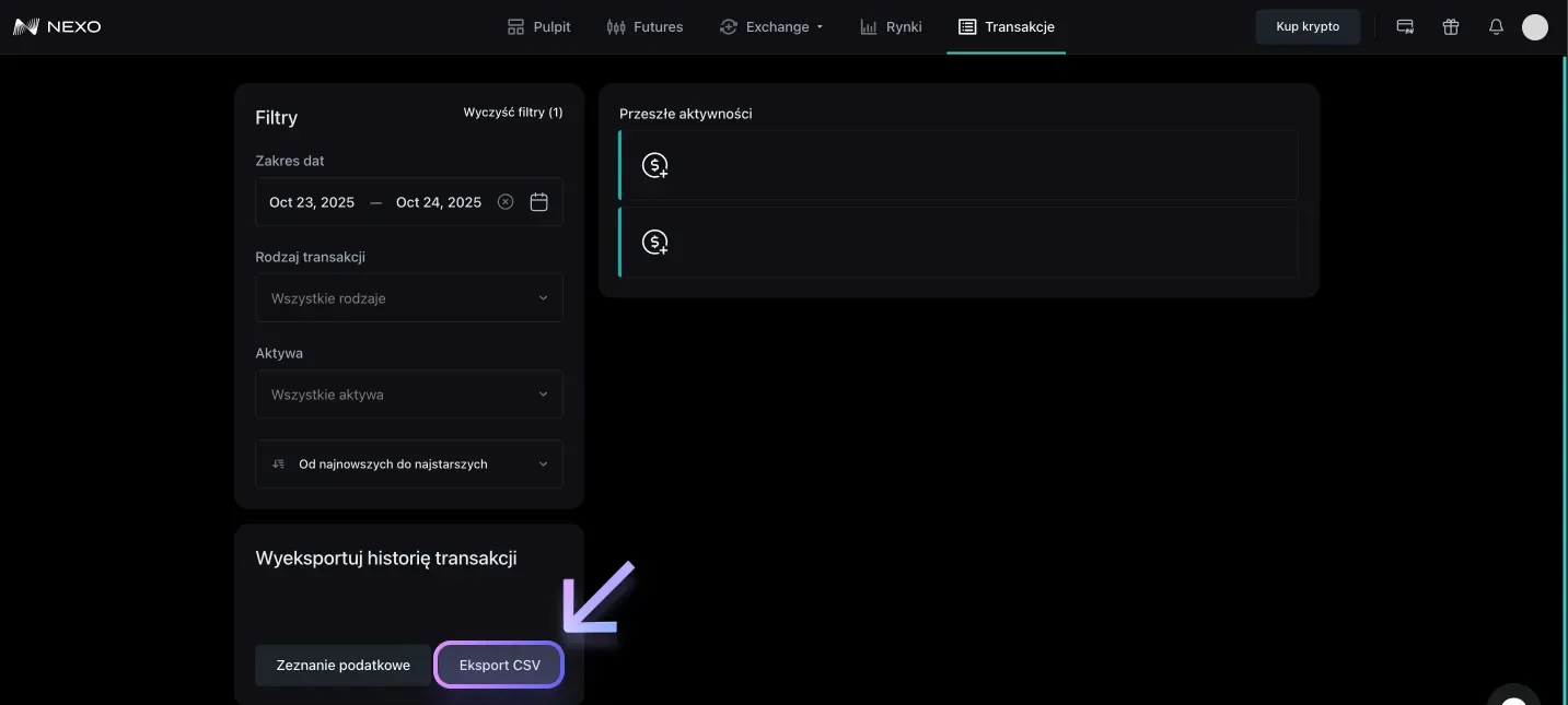 Instrukcja pobrania pliku CSV z Nexo